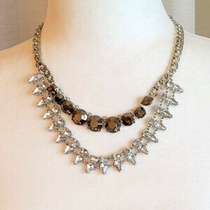 Double Strand Bib Necklace with Rhinestone Teardrops and Bronze Gem Stones